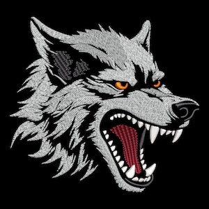 Fierce Wolf Head Embroidery Design - Angry Snarling Wild Beast Emblem for Dark Fabrics, Nature Raw Power, Canine Tooth Machine PES Files