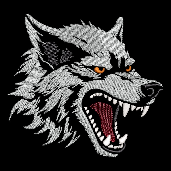 Fierce Wolf Head Embroidery Design - Angry Snarling Wild Beast Emblem for Dark Fabrics, Nature Raw Power, Canine Tooth Machine PES Files