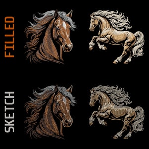 Op de afbeelding: Twee illustraties van een bruin paard, een met een ingevuld ontwerp en de andere met een geschetste omtrek. De ingevulde illustratie toont het paard met zijn hoofd naar de zijkant gedraaid, terwijl de geschetste illustratie het paard op zijn achterpoten laat opstaan.