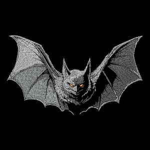 Puede incluir: Una ilustración en blanco y negro de un murciélago con las alas extendidas. El murciélago tiene ojos naranjas y una expresión amenazante.