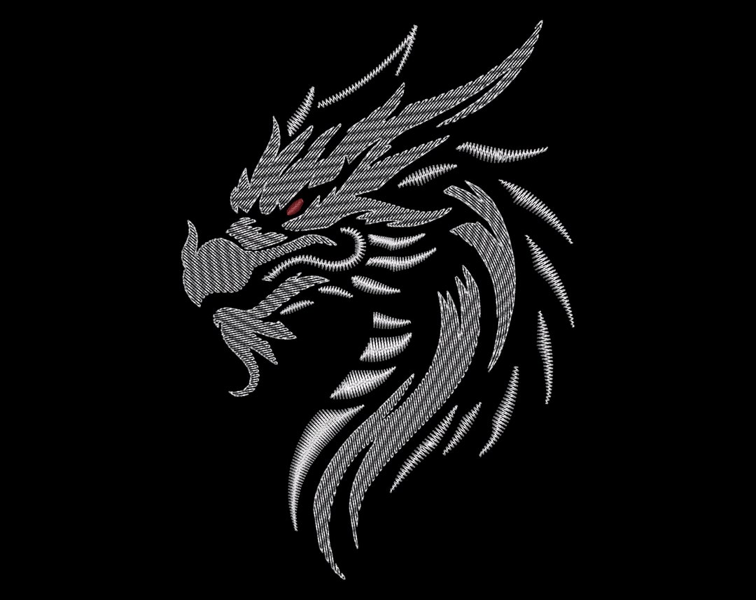 Light Stitch Silver Dragon Embroidery Design Sketch Power Emblem for