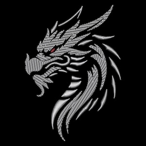 May include: A white embroidered dragon head with a red eye, against a black background.