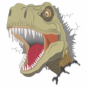 T-REX Head Embroidery Design, Roaring Tyrannosaurus, Dangerous Angry Predator, Machine embroidery files in 4 sizes