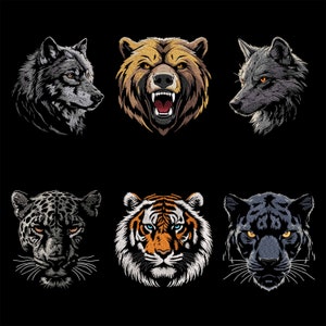 Wild Animal Embroidery Designs Set, Wolf, Bear, Jaguar, Tiger, Black Panther Files, Realistic Wildlife Optimized for Dark Apparel & Decor