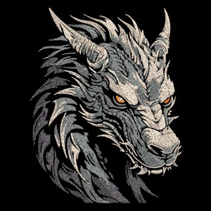 Mystic Dragon Head Embroidery Design - Power Emblem for Dark Fabric, Fantasy Creature Pattern, Magical Beast PES File, Back Jacket Decor
