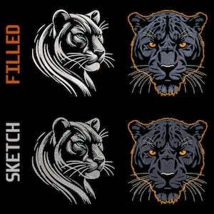 Mystic Panther Embroidery Designs Bundle - Filled & Sketch Stitch for Dark Fabrics, Enigmatic Wild Animal Power, Totemic Jungle Feline Head