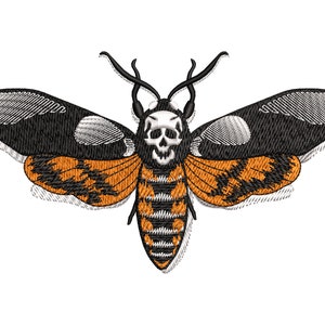 Broderidesign med dödshuvud och mal, realistisk hökmalskalle, maskin-PES-filer i 4 storlekar