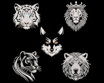 Monochrome Majesty Embroidery Designs Bundle - 5 White Wild Animals on Dark Fabric: Panther, Bear, Wolf, Lion, Tiger, Royal Nature Creatures