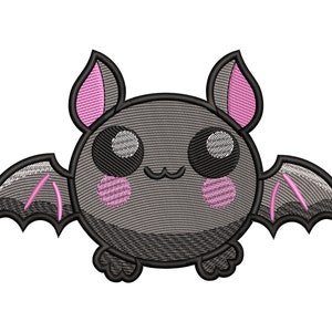 Könnte beinhalten: Eine süße Cartoon-Fledermaus mit rosa Ohren und Flügeln. Die Fledermaus hat große, schwarze Augen und einen rosa Rouge auf den Wangen.