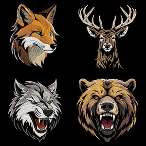 May include: A digital embroidery design featuring four animal heads: a fox, a deer, a wolf, and a bear. The animals are all facing forward with their mouths open, showing their teeth. The designs are in a realistic style and are perfect for use on clothing, bags, or other items.