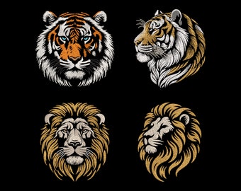 Noble Big Cats Embroidery Designs Bundle for Black Fabric - Realistic Bengal Tiger Head, Gatsby Style Regal Lion Face, Royalty Power PES