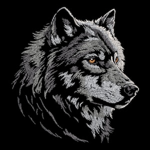 May include: A close-up of a wolf's head, embroidered in white thread on a black background. The wolf's eyes are a bright orange.