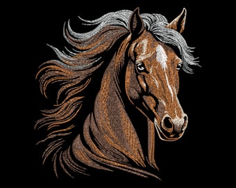 Realistic Horse Head Embroidery Design - Noble Animal for Dark Fabric, Fill Stitch Graceful Mane, Gift for Equestrian Lovers, PES files