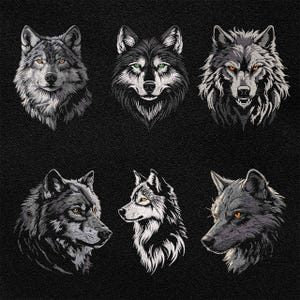 May include: Six detailed wolf portraits with varying expressions and eye colors, including yellow, green, and orange, are displayed against a black textured background. The artwork showcases intricate fur textures and a range of wolf characteristics.