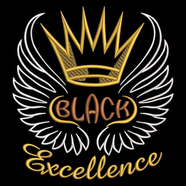 Black Excellence Embroidery Design, Angel Wings with Gold Crown, Machine embroidery files in 4 sizes