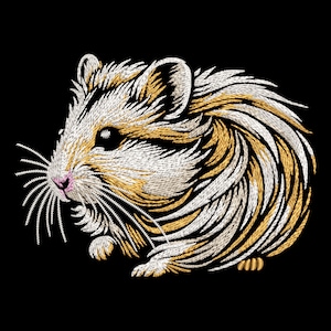 May include: An embroidered hamster design on a black background. The hamster features detailed stitching in white, gold, and tan, with a pink nose and black eyes. The design showcases the texture of the hamster's fur.