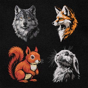 May include: Embroidered animal portraits on a black background. The image features a gray wolf, an orange and white fox, a red squirrel, and a white rabbit. The animals are depicted with detailed stitching.