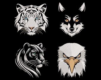 Totemic White Animals Embroidery Designs SET - Bengal Tiger Face, Kind Wolf, Mystic Panther, Bald Eagle Head, Fill Stitch Machine PES Files