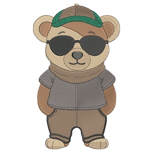 Trendy Urban Bear Embroidery Design - Fill Stitch Cool Teddy Boy for Modern Nursery Decor, Tested Machine Embroidery Files in 4 Sizes