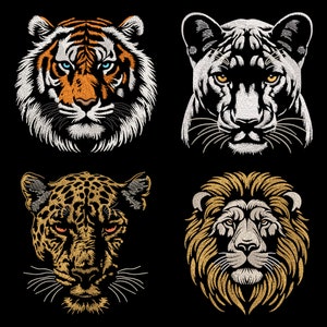 黒い布用の野生のネコ科のパワー刺繍デザインバンドル - ベンガルトラ、ホワイトパンサー、神秘的なジャガー、高貴なライオン、自然のロイヤリティファイル