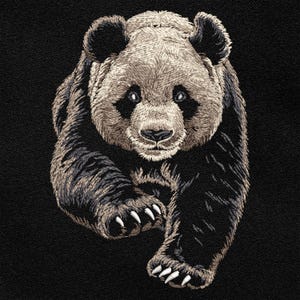 Puede incluir: Un oso panda blanco y negro con pelaje negro y marcas blancas alrededor de los ojos y las orejas. El panda camina hacia adelante con las patas extendidas.