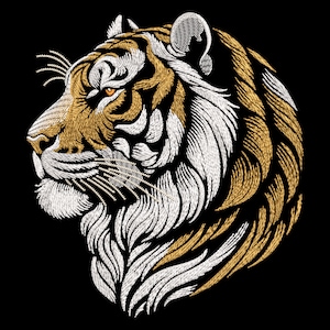 Ädel tigerhuvudbroderidesign - Realistiskt djuransiktsmönster för mörka tyger, perfekt för ryggjackor, Raw Predator Power Emblem
