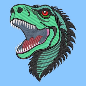 Può includere: Testa di dinosauro ricamata in verde e nero con un occhio rosso e denti affilati.