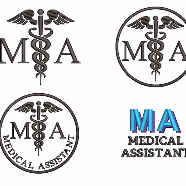 Medical Assistant Embroidery Design - MA Caduceus Emblem, Four Types, Machine Embroidery Files