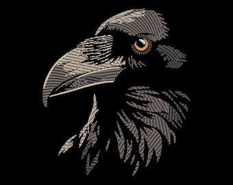 May include: A black and white stylized illustration of a raven's head with one eye visible. The eye is orange with a black pupil.