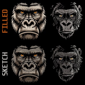 May include: Two illustrations of a gorilla's face, one with a filled-in design and the other with a sketched design. The gorilla's face is shown in profile, with its eyes looking directly at the viewer. The text "SKETCH" and "FILLED" are written vertically on the left side of the image.