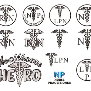 Può includere: Un set di nove disegni di ricamo in bianco e nero che presentano il simbolo del caduceo, un simbolo medico, con diverse abbreviazioni per i professionisti medici, tra cui RN, LPN e NP. I disegni includono anche il testo "Healthcare Hero".