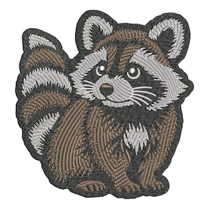 May include: Embroidered patch of a brown and gray raccoon with a white face and a bushy tail. The raccoon is sitting on its haunches with its paws tucked in front of it.