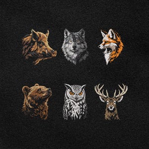 May include: A black fabric surface featuring six embroidered animal heads arranged in two rows. The top row shows a brown boar, a grey wolf, and an orange and white fox. The bottom row displays a brown bear, a grey owl, and a brown deer with antlers.