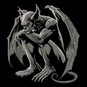 May include: A black and white illustration of a gargoyle with large wings, sitting with its head in its hands. The gargoyle has red eyes and a detailed, textured design.