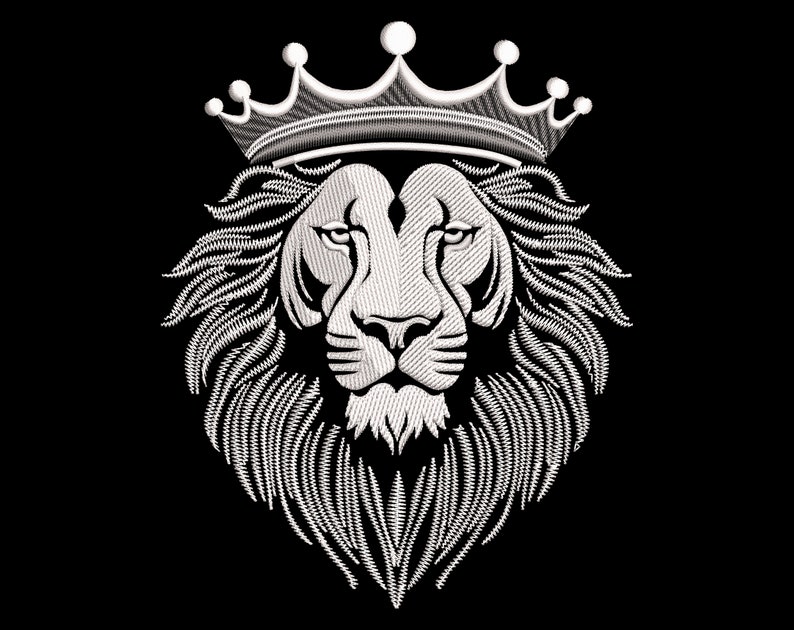 May include: A detailed white embroidery design of a lion's head wearing a crown, set against a black background. The lion's mane and crown are intricately stitched, creating a textured effect. The image is a close-up of the lion's face.