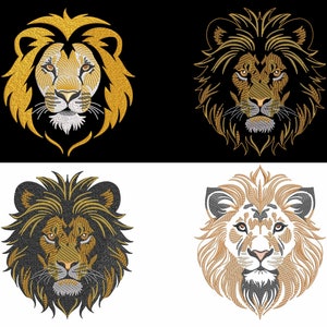 ライオンヘッド刺繍デザインバンドル、ダークとホワイトの生地用、フィルステッチ、スケッチステッチ、野生動物の王の顔、機械刺繍ファイル