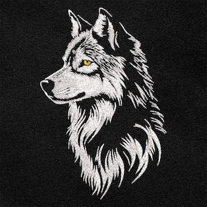 May include: A white embroidered wolf head with a yellow eye, on a black background.