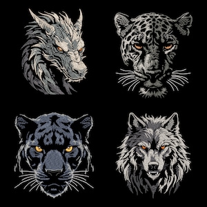 Fierce Predators Embroidery Designs Collection - Fantasy Dragon, Wild Wolf, Jaguar Head, Sleek Panther Face, Optimized for Dark Fabrics
