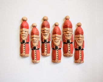 Hand Carved Santa Claus Wooden Magnet Set: Christmas Fridge Decor