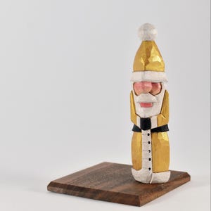 Wooden Santa Carving with Golden Hat - Wood Carving - Christmas Figurine - Hand Carved and Painted - Christmas