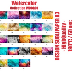 Op de afbeelding: Een set van 23 aquarel achtergronden in verschillende kleuren, waaronder blauw, groen, geel, oranje, roze, paars en zwart. De achtergronden zijn perfect voor het maken van digitale ontwerpen, scrapbooking en andere creatieve projecten. De afbeelding bevat de tekst "Watercolor Collection WCBG01".