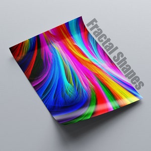 Puede incluir: Impresión digital abstracta con colores vibrantes y patrones en espiral. La impresión se titula "Formas fractales".