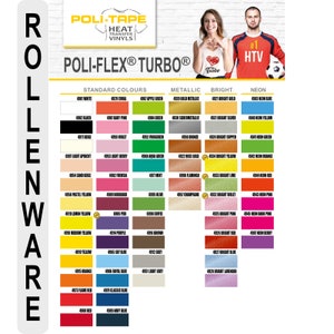Könnte beinhalten: Eine Farbkarte für Poli-Flex Turbo Heat Transfer Vinyl. Die Karte zeigt eine Vielzahl von Farben, darunter Standard, Metallic, Hell und Neon. Die Karte ist mit den Farbnamen und -nummern beschriftet.