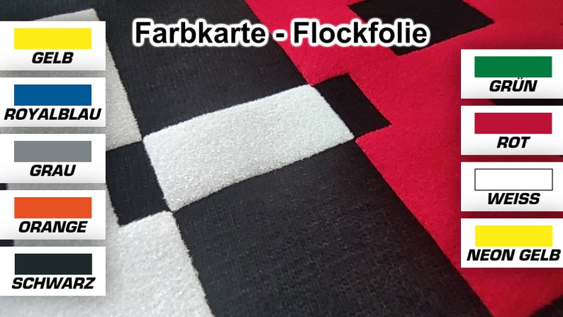 May include: Color chart for flocking film with samples of yellow, royal blue, gray, orange, black, green, red, white, and neon yellow.