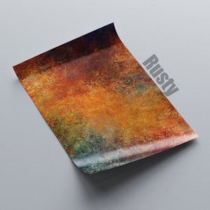 Pode incluir: Um fundo abstrato texturizado com tons de laranja, vermelho, amarelo e azul. O fundo é rotulado como "Rusty".