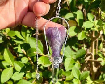 Amethist engelhanger, engelenketting, sieraden, edelsteen, natuursteen, amethist en bergkristalhanger, kristallen engel