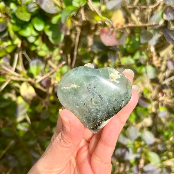 50mm Prehnite Heart Raw Palm Stone. Prehnite, Polished Stone, Prehnite Crystal, Meditation Stone.