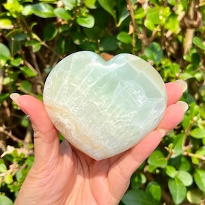 75mm / 305grams Extra Large Caribbean Calcite Heart Palm Stone, Caribbean Calcite, Polished,