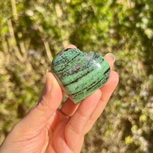 45mm Rare Ruby In Zoisite Crystal Natural Heart, Crystal Heart, Ruby Zoisite, Polished Palm Stone