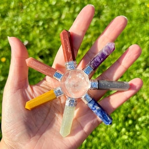 Peut inclure: Un générateur d'énergie en cristal avec une sphère de quartz clair au centre. Sept pointes de cristal de couleurs différentes rayonnent vers l'extérieur, dont rouge, jaune, vert, bleu, violet et gris. Les cristaux sont sertis dans du métal argenté.